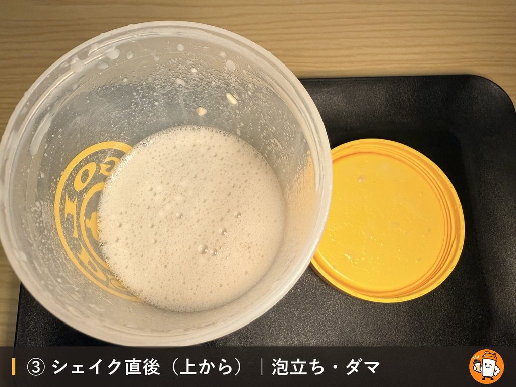 EZOBOLIC プロテイン WPC100% 北海道メロンをシェイクした直後の泡立ちとダマ